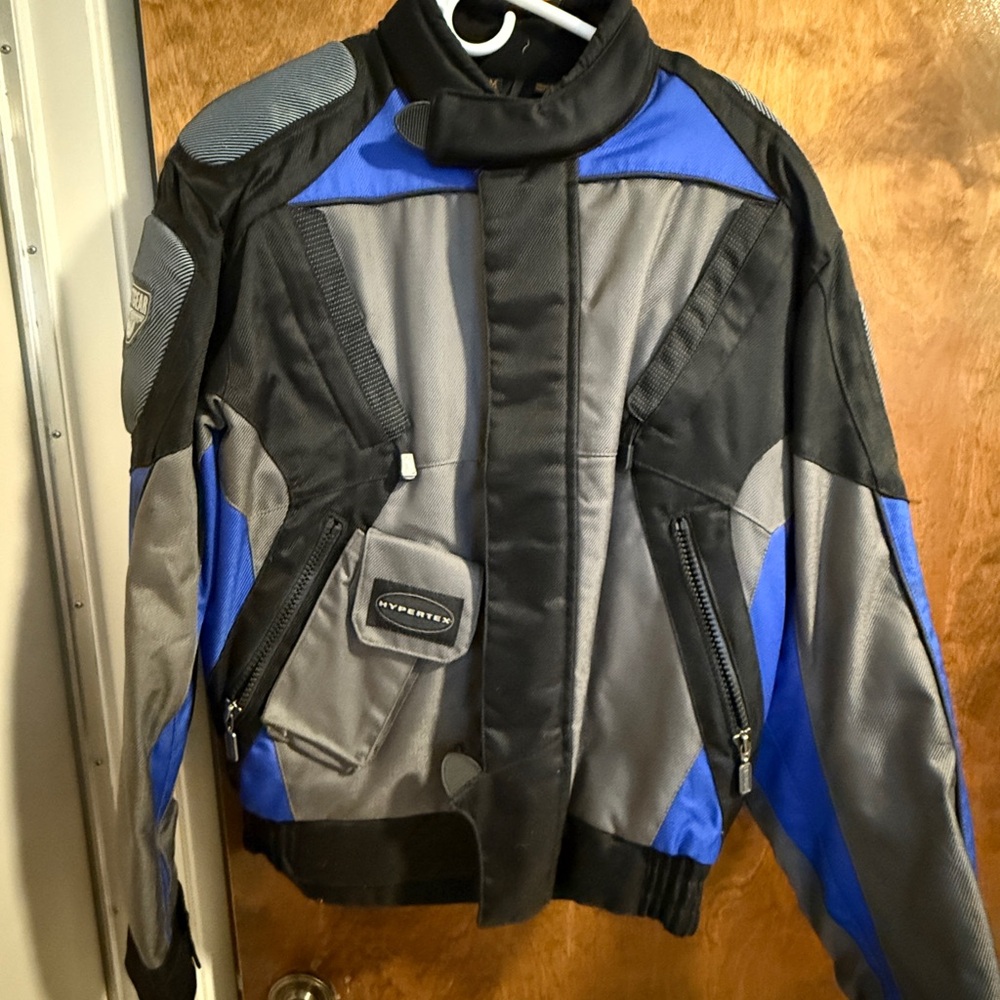 Women's Black and Blue Motorcycle Jacket. EUC!